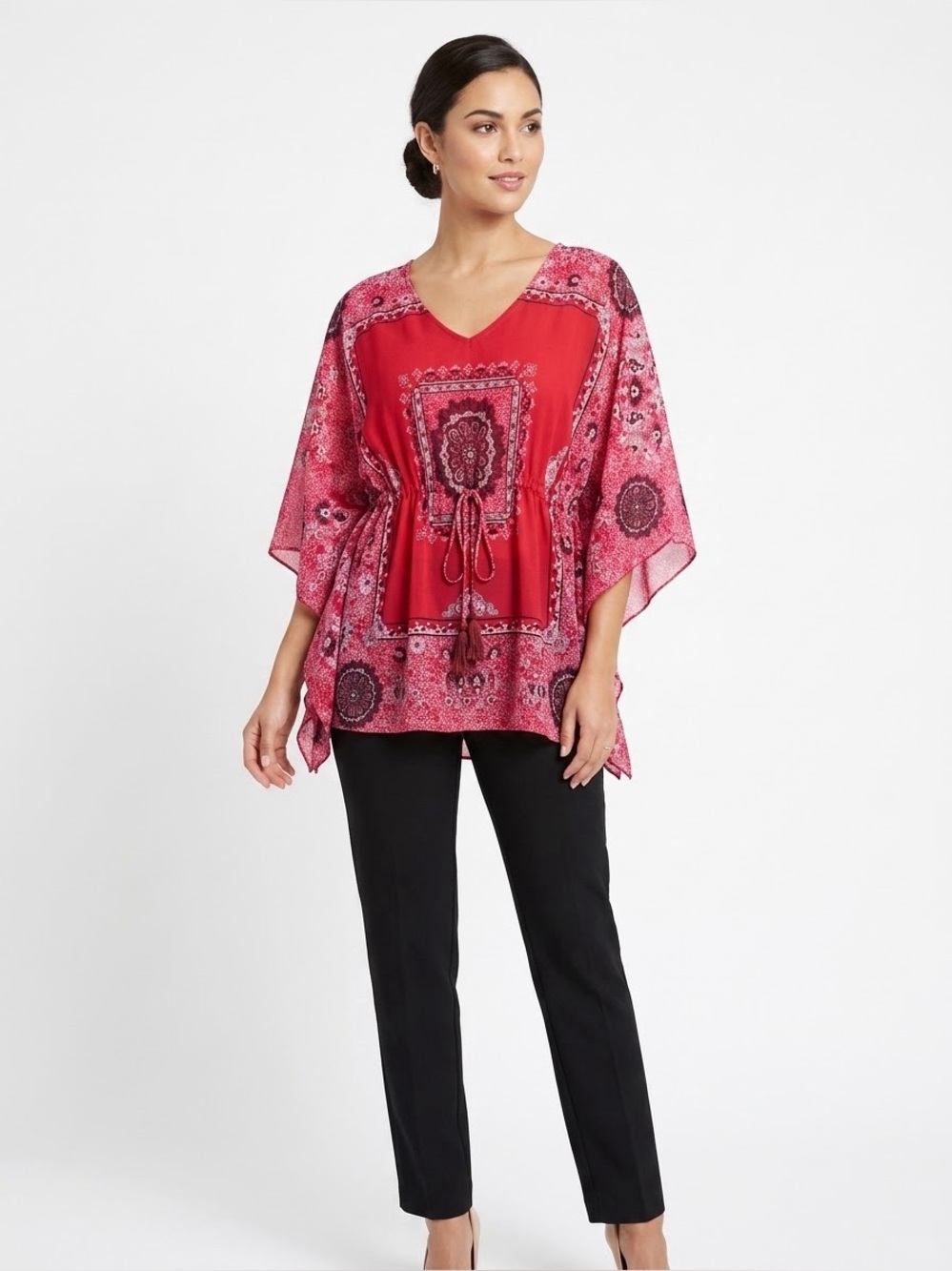 NWD New Woman Design Boho Paisley Print Sheer Kaftan Poncho Blouse Size Large